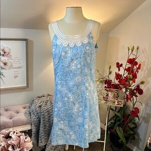 LOFT Summer Coastal Blue Floral Shift Dress w/White Trim Accents Size 8